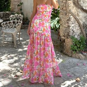 12th Tribe Pink & Orange Strapless Floral Maxi Dress
